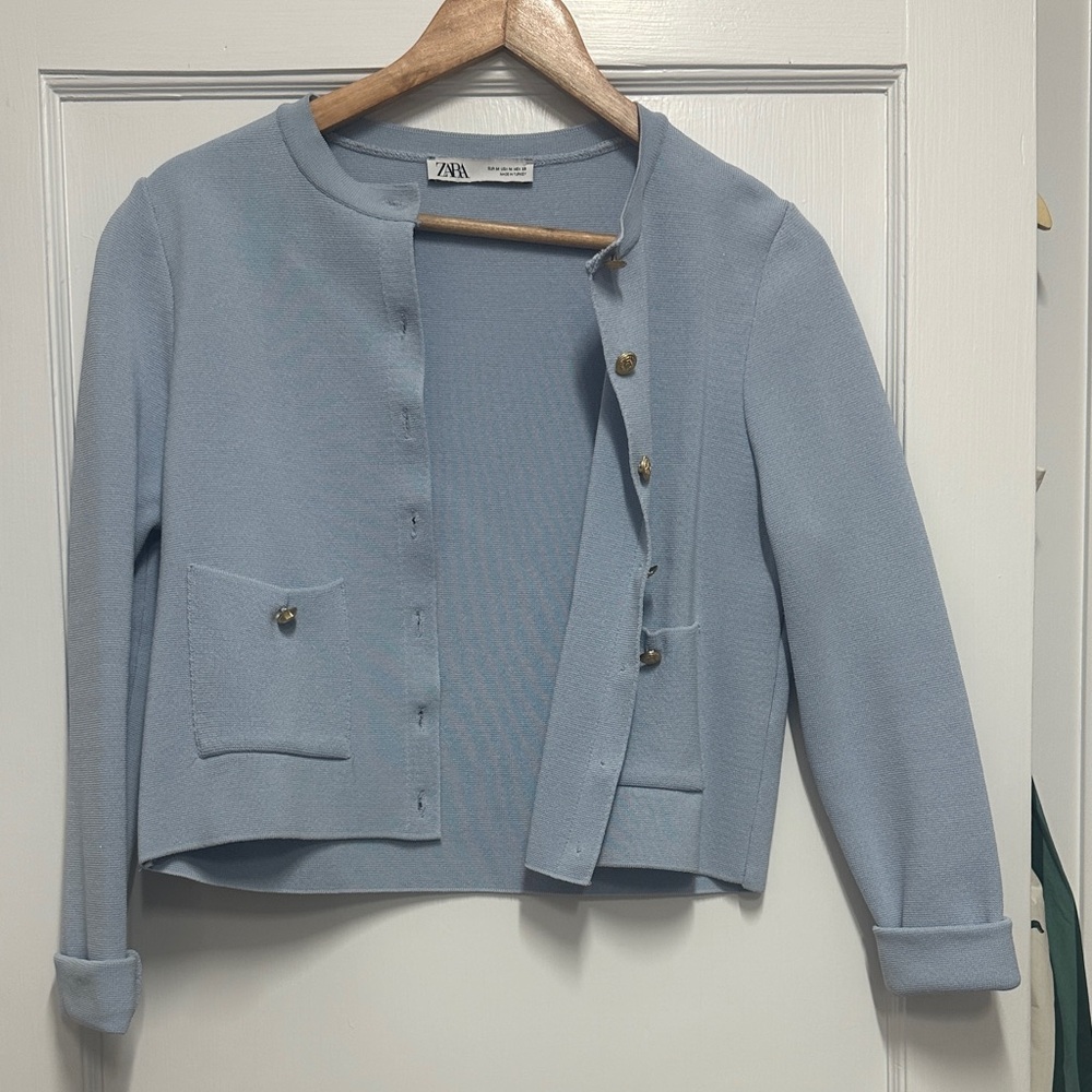 Zara Light Blue Cropped Button Cardigan